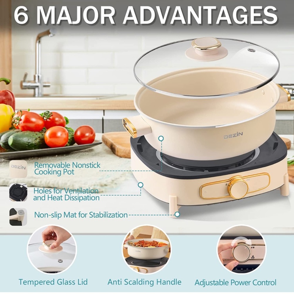 Dezin 4L Electric Non-Stick Cooking Hot Pot Party Family Meal Tempered Glass Lid - Picture 4 of 8